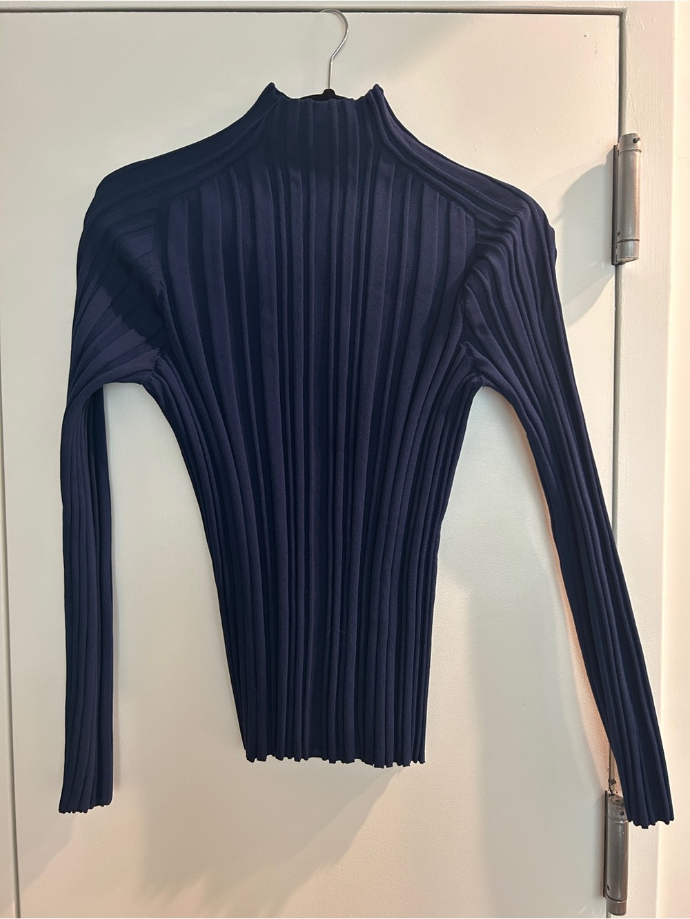 Issey Miyake Pleats Please Ribbed Navy Long-Sleeve Mock Neck Top